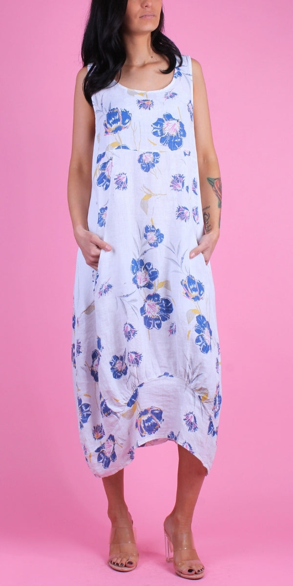 Luna Magnolia Print Dress - Gigi Moda - Made in Italy # 100% Linen, Dress, floral design, floral dress, Floral Print, Gigi Moda, Linen, Made in Italy, magnolia, OS, Pockets, Sleeveless