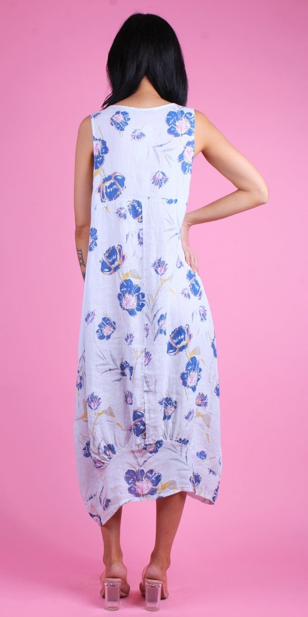 Luna Magnolia Print Dress - Gigi Moda - Made in Italy # 100% Linen, Dress, floral design, floral dress, Floral Print, Gigi Moda, Linen, Made in Italy, magnolia, OS, Pockets, Sleeveless
