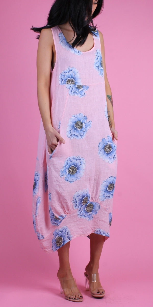 Luna Peony Print Dress - Gigi Moda - Made in Italy # 100% Linen, Dress, floral design, floral dress, Floral Print, Gigi Moda, glitter, Linen, Made in Italy, OS, peonies, Pockets, Sleeveless