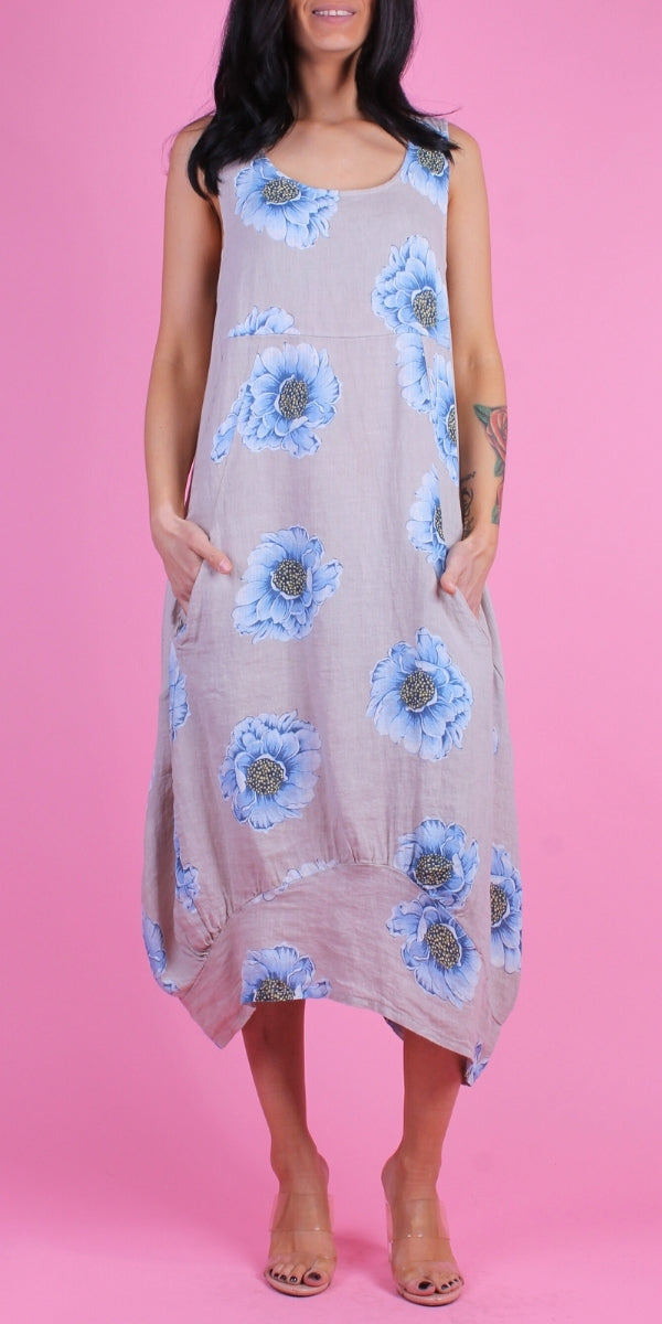 Luna Peony Print Dress - Gigi Moda - Made in Italy # 100% Linen, Dress, floral design, floral dress, Floral Print, Gigi Moda, glitter, Linen, Made in Italy, OS, peonies, Pockets, Sleeveless