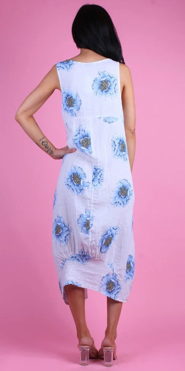 Luna Peony Print Dress - Gigi Moda - Made in Italy # 100% Linen, Dress, floral design, floral dress, Floral Print, Gigi Moda, glitter, Linen, Made in Italy, OS, peonies, Pockets, Sleeveless