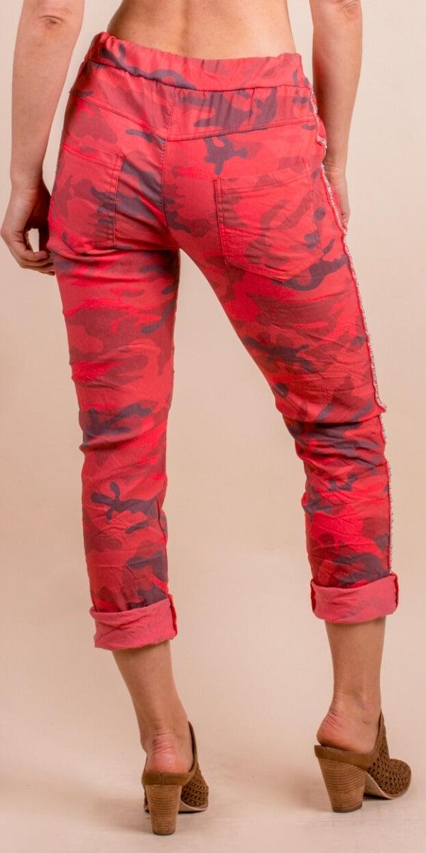 Caterina Camo Pants - Gigi Moda - Made in Italy # camo, cotton, drawstring, drawstring pant, fashion military pants, free shipping, Gigi Moda, Made in Italy, one size, OS, pants, resort, resort wear, shimmer side, Silver Stud, stipes, tie waist