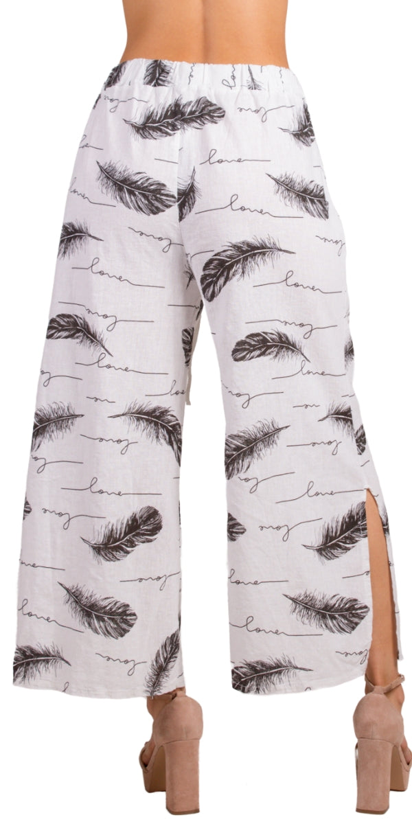 Giulana Piume Capri Pants - Gigi Moda - Made in Italy # Capri, feather, Feathers, free shipping, Gigi Moda, linen pants, Made in Italy, manuscript print, matching set, OS, Pants, resort, resort wear
