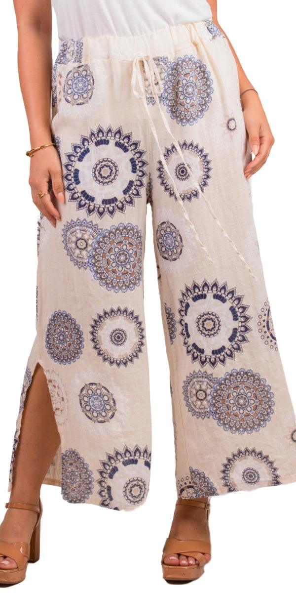 Giulana Mandala Capri Pants - Gigi Moda - Made in Italy # 100% Linen, Capri, free shipping, Gigi Moda, linen pants, Made in Italy, mandala, OS, Pants, resort, resort wear
