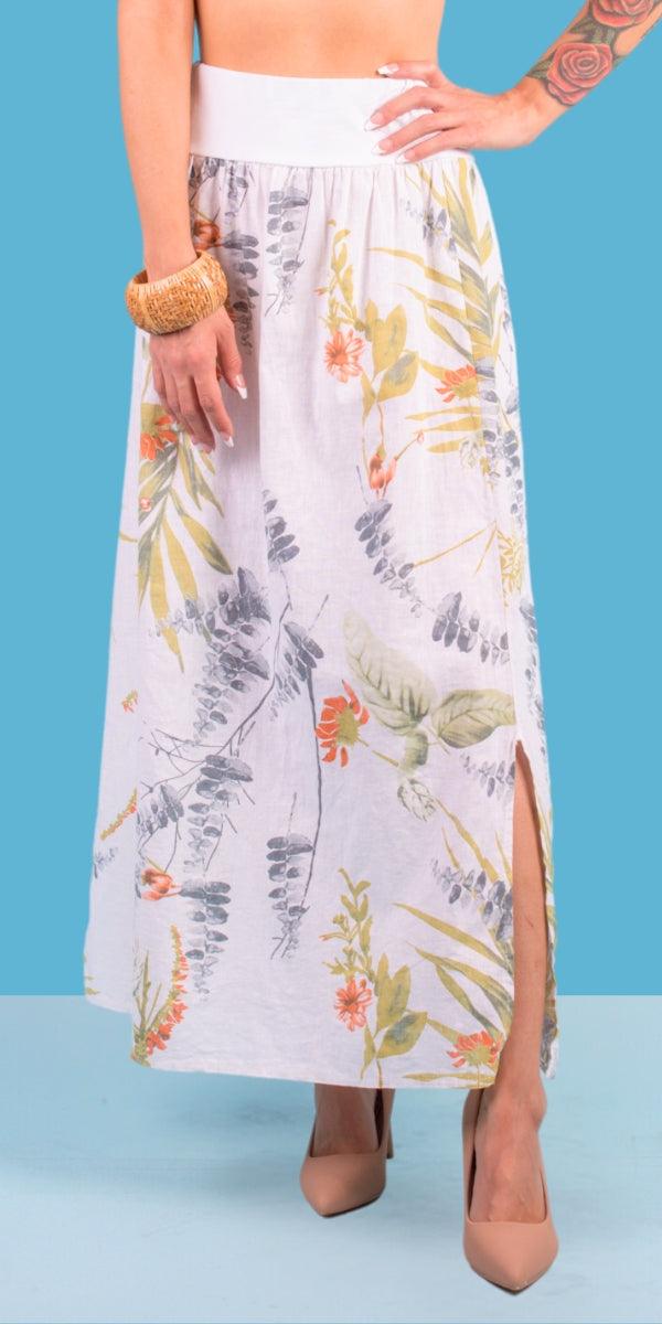 Ninfa Linen Skirt - Gigi Moda - Made in Italy # comfortable fit, elastic waist, elastic waistband, floral, floral design, Floral Print, Gigi Moda, italian brand, italian clothes, italian fashion, italian linen, Linen, womens fashion