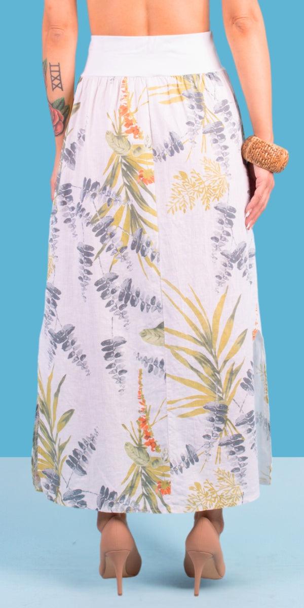 Ninfa Linen Skirt - Gigi Moda - Made in Italy # comfortable fit, elastic waist, elastic waistband, floral, floral design, Floral Print, Gigi Moda, italian brand, italian clothes, italian fashion, italian linen, Linen, womens fashion