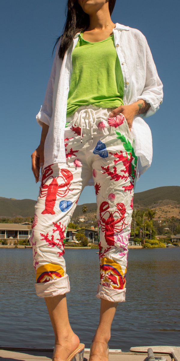 Geniviv Ariel Pant - Gigi Moda - Made in Italy # aquatic print, comfortable pants, cuffed pant, drawstring, drawstring pant, drawstring pants, Gigi Moda, lobster, Made in Italy, one size, OS, Pants, under the sea