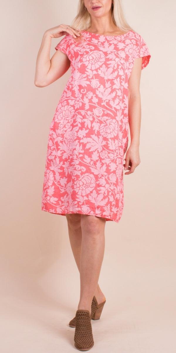 Sardinia Linen Dress - Gigi Moda - Made in Italy # 100% Linen, Buttons, Dress, floral, floral design, Floral Print, free shipping, Gigi Moda, Linen, Made in Italy, one size, OS, pockets, resort, resort wear, short sleeve dress, spring, summer