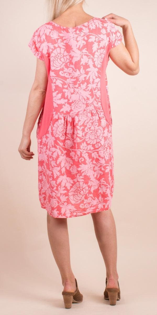 Sardinia Linen Dress - Gigi Moda - Made in Italy # 100% Linen, Buttons, Dress, floral, floral design, Floral Print, free shipping, Gigi Moda, Linen, Made in Italy, one size, OS, pockets, resort, resort wear, short sleeve dress, spring, summer