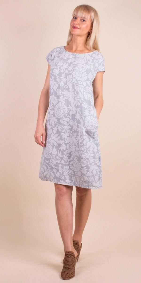 Sardinia Linen Dress - Gigi Moda - Made in Italy # 100% Linen, Buttons, Dress, floral, floral design, Floral Print, free shipping, Gigi Moda, Linen, Made in Italy, one size, OS, pockets, resort, resort wear, short sleeve dress, spring, summer