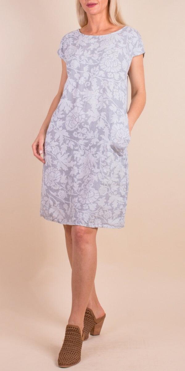 Sardinia Linen Dress - Gigi Moda - Made in Italy # 100% Linen, Buttons, Dress, floral, floral design, Floral Print, free shipping, Gigi Moda, Linen, Made in Italy, one size, OS, pockets, resort, resort wear, short sleeve dress, spring, summer