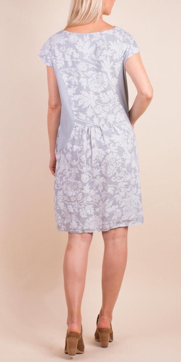 Sardinia Linen Dress - Gigi Moda - Made in Italy # 100% Linen, Buttons, Dress, floral, floral design, Floral Print, free shipping, Gigi Moda, Linen, Made in Italy, one size, OS, pockets, resort, resort wear, short sleeve dress, spring, summer