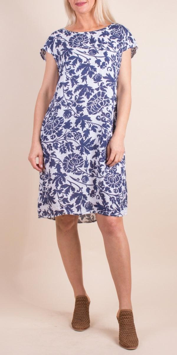 Sardinia Linen Dress - Gigi Moda - Made in Italy # 100% Linen, Buttons, Dress, floral, floral design, Floral Print, free shipping, Gigi Moda, Linen, Made in Italy, one size, OS, pockets, resort, resort wear, short sleeve dress, spring, summer