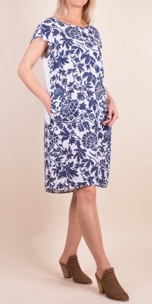 Sardinia Linen Dress - Gigi Moda - Made in Italy # 100% Linen, Buttons, Dress, floral, floral design, Floral Print, free shipping, Gigi Moda, Linen, Made in Italy, one size, OS, pockets, resort, resort wear, short sleeve dress, spring, summer