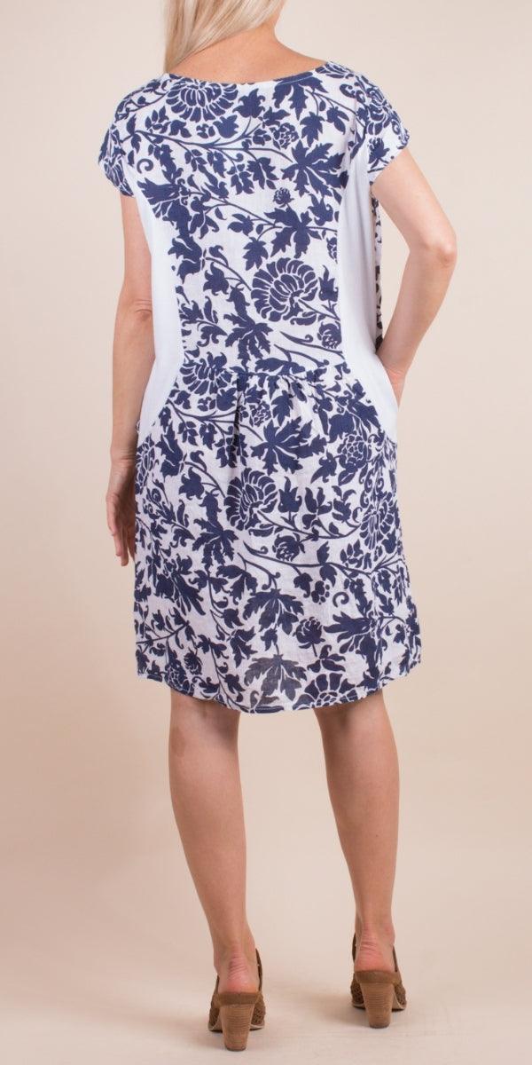 Sardinia Linen Dress - Gigi Moda - Made in Italy # 100% Linen, Buttons, Dress, floral, floral design, Floral Print, free shipping, Gigi Moda, Linen, Made in Italy, one size, OS, pockets, resort, resort wear, short sleeve dress, spring, summer