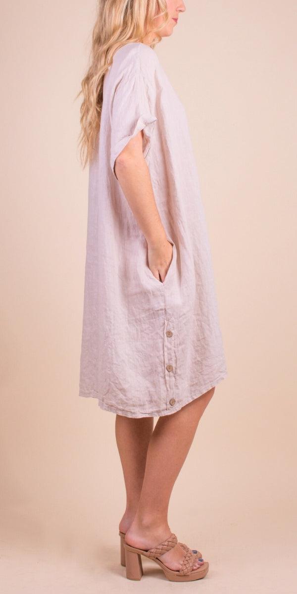 Bobbio Linen Dress - Gigi Moda - Made in Italy # 100% Linen, Buttons, Dress, free shipping, Gigi Moda, Linen, Made in Italy, one size, OS, pockets, resort, resort wear, short sleeve dress, spring, summer