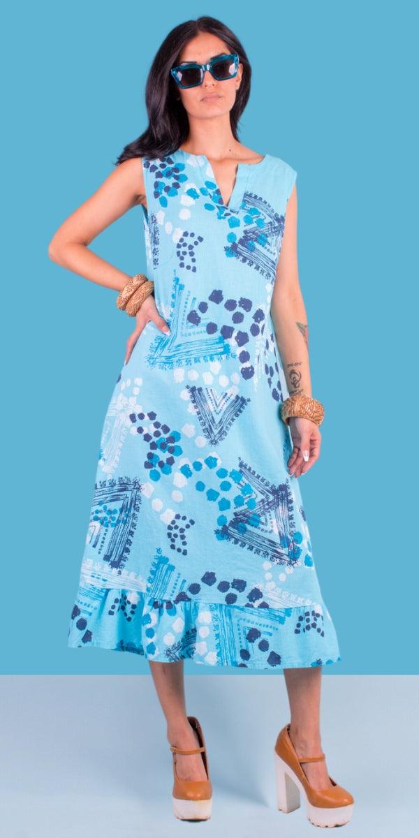 Tribale Linen Dress - Gigi Moda - Made in Italy # dot print, dots, Dress, free shipping, Gigi Moda, Linen, linen dress, Made in Italy, midi dress, one size, OS, resort, resort wear, ruffled hem, Sleeveless, tribal print, V Neck