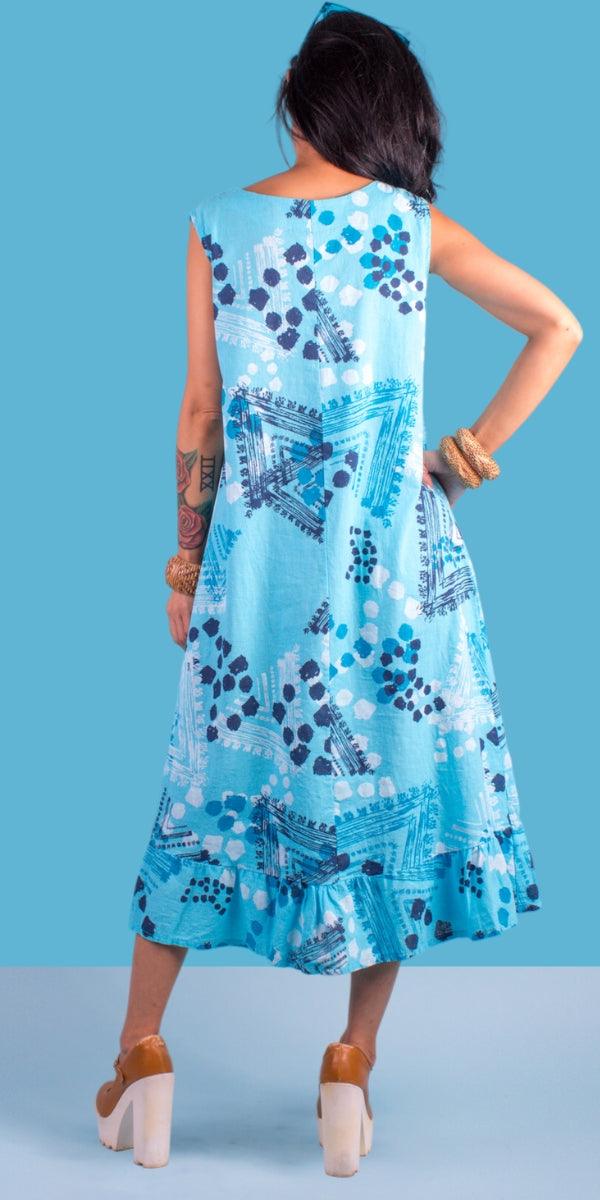 Tribale Linen Dress - Gigi Moda - Made in Italy # dot print, dots, Dress, free shipping, Gigi Moda, Linen, linen dress, Made in Italy, midi dress, one size, OS, resort, resort wear, ruffled hem, Sleeveless, tribal print, V Neck