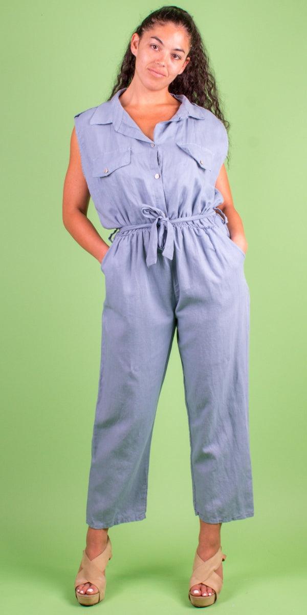 La Tela Jumpsuit - Gigi Moda - Made in Italy # belt, belted, button down, Collared, Cotton, Gigi Moda, Jumpsuit, Linen, Made in Italy, one piece, one size, OS, Pockets, Sleeveless, waist tie belt