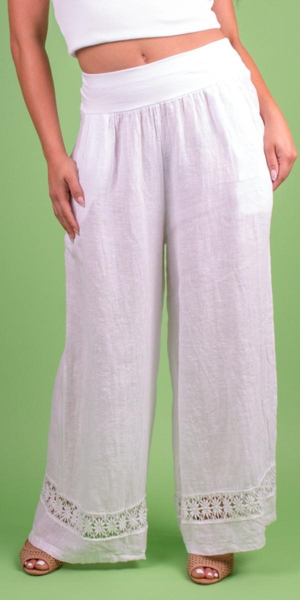 Fiorella Linen Pants - Gigi Moda - Made in Italy # 100% Linen, bottoms, elastic waistband, Gigi Moda, lace knit, lace trim, Linen, linen pants, Made in Italy, OS, Pants, resort, resort wear, spring, stretch waistband, summer, washable, WIDE LEG