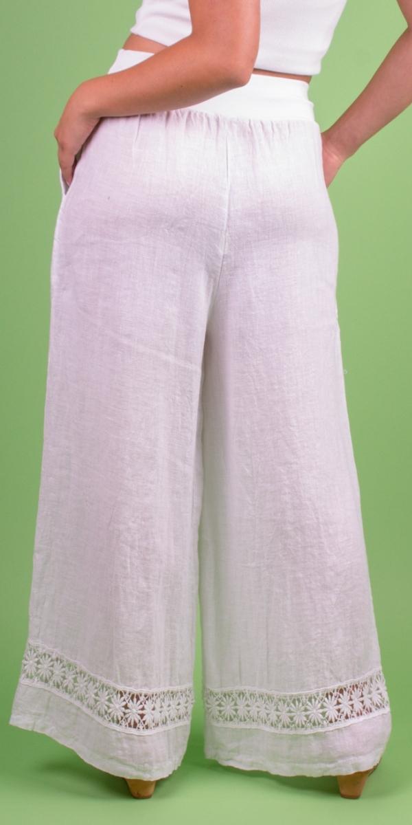 Fiorella Linen Pants - Gigi Moda - Made in Italy # 100% Linen, bottoms, elastic waistband, Gigi Moda, lace knit, lace trim, Linen, linen pants, Made in Italy, OS, Pants, resort, resort wear, spring, stretch waistband, summer, washable, WIDE LEG