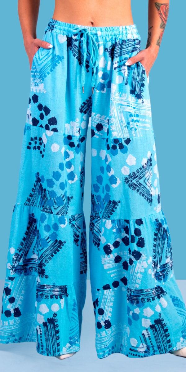 Tribale Linen Pants - Gigi Moda - Made in Italy # bottoms, dot print, dots, elastic waistband, Gigi Moda, Linen, linen pants, Made in Italy, Pants, Pockets, resort, resort wear, stretch waistband, Tie waist, tribal print, washable