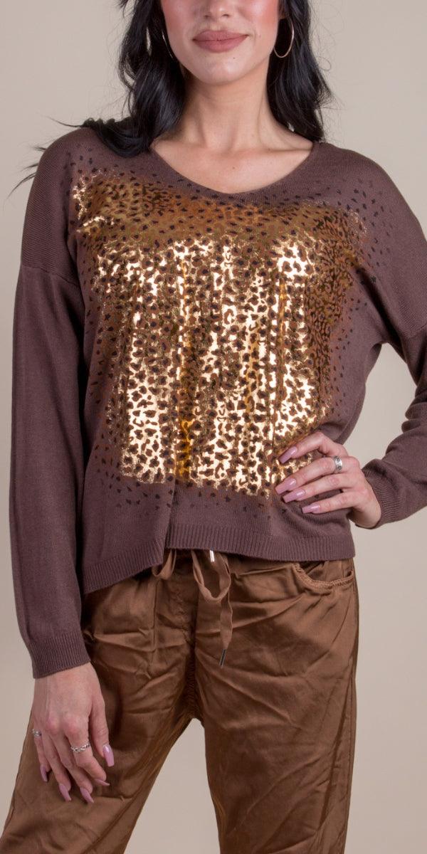 Idalia Sweater - Gigi Moda - Made in Italy # animal print, casual sweater, comforatable fit, Gigi Moda, golden flecks, heart, Italian Sweater, made in italy, shop gigi moda, Sweater, V Neck, womans clothing