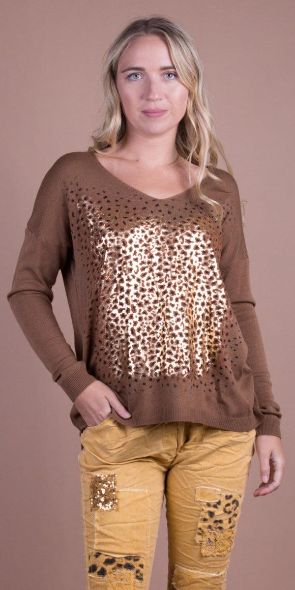 Idalia Sweater - Gigi Moda - Made in Italy # animal print, casual sweater, comforatable fit, Gigi Moda, golden flecks, heart, Italian Sweater, made in italy, shop gigi moda, Sweater, V Neck, womans clothing