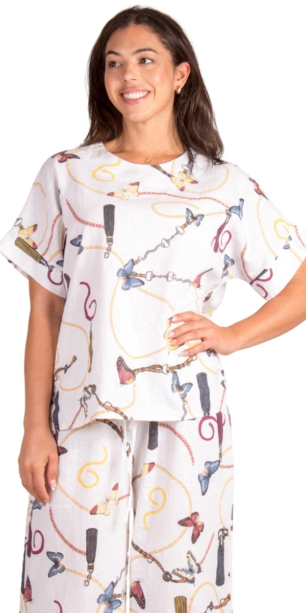 Farfalla Linen Top - Gigi Moda - Made in Italy # Blouse, Butterfly, butterfly print, chain print, high low, Linen, Made in Italy, matching set, one size, Round Neck, short sleeve, short sleeve top, Top