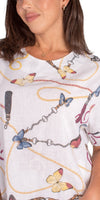 Farfalla Linen Top - Gigi Moda - Made in Italy # Blouse, Butterfly, butterfly print, chain print, high low, Linen, Made in Italy, matching set, one size, Round Neck, short sleeve, short sleeve top, Top