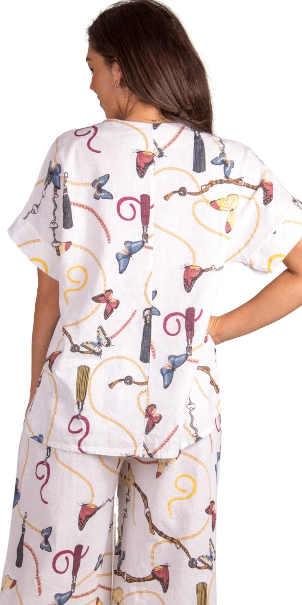 Farfalla Linen Top - Gigi Moda - Made in Italy # Blouse, Butterfly, butterfly print, chain print, high low, Linen, Made in Italy, matching set, one size, Round Neck, short sleeve, short sleeve top, Top