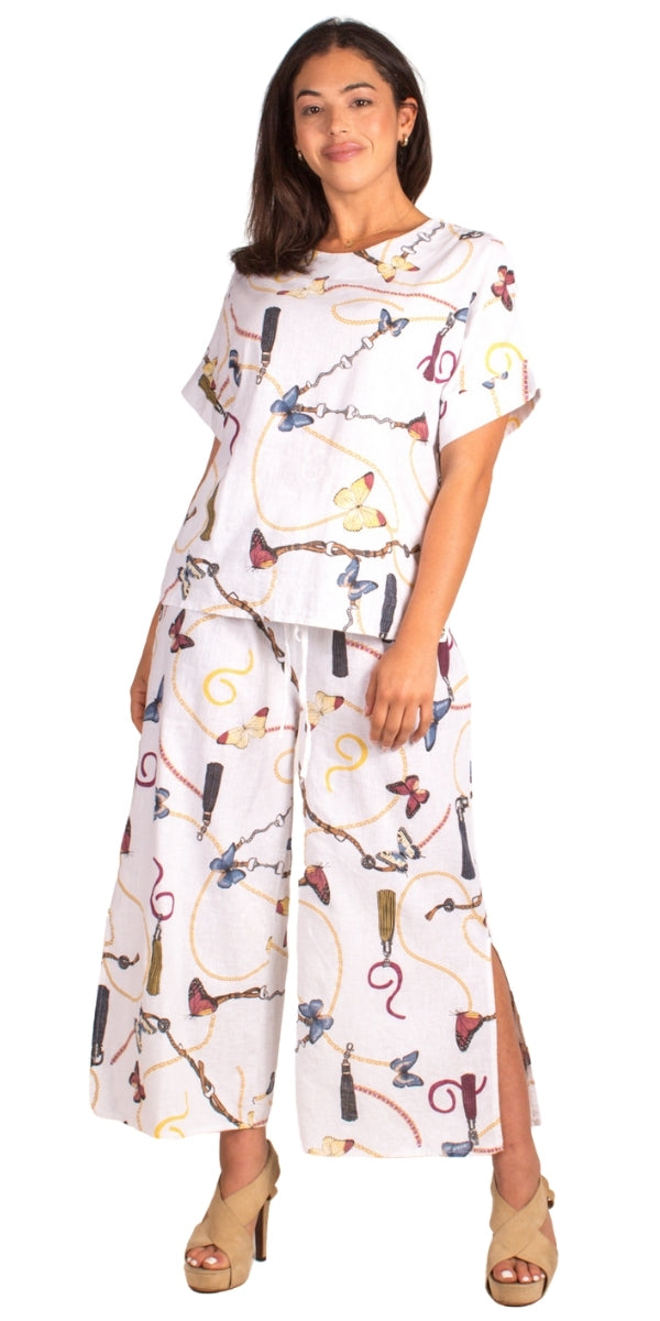 Farfalla Linen Top - Gigi Moda - Made in Italy # Blouse, Butterfly, butterfly print, chain print, high low, Linen, Made in Italy, matching set, one size, Round Neck, short sleeve, short sleeve top, Top