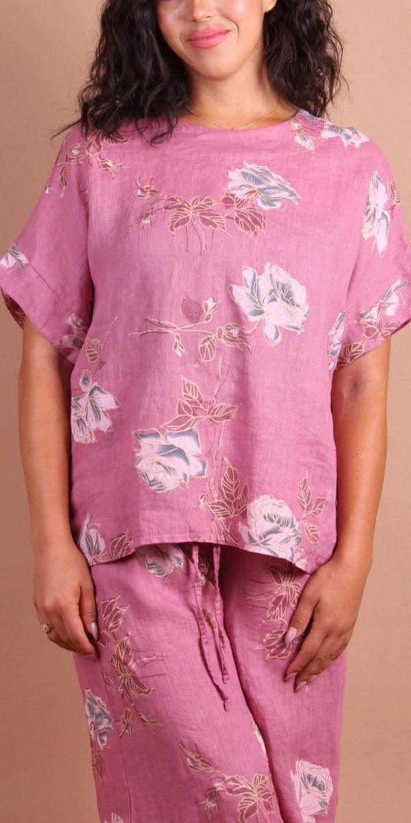 Sanremo Linen Top - Gigi Moda - Made in Italy # 100% Linen, Blouse, floral, Floral Print, gold detail, high low, Linen, Made in Italy, matching set, one size, rose print, Round Neck, short sleeve, short sleeve top, Top