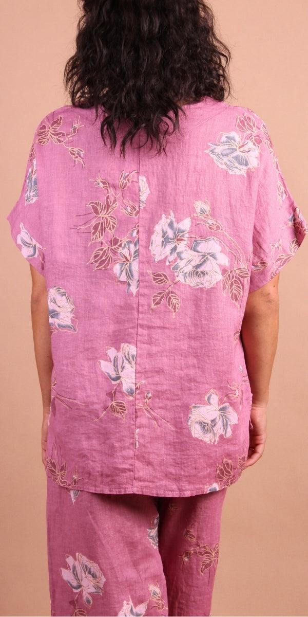 Sanremo Linen Top - Gigi Moda - Made in Italy # 100% Linen, Blouse, floral, Floral Print, gold detail, high low, Linen, Made in Italy, matching set, one size, rose print, Round Neck, short sleeve, short sleeve top, Top