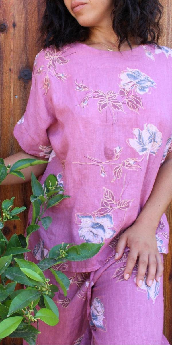 Sanremo Linen Top - Gigi Moda - Made in Italy # 100% Linen, Blouse, floral, Floral Print, gold detail, high low, Linen, Made in Italy, matching set, one size, rose print, Round Neck, short sleeve, short sleeve top, Top