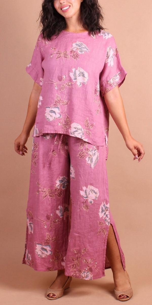 Sanremo Linen Top - Gigi Moda - Made in Italy # 100% Linen, Blouse, floral, Floral Print, gold detail, high low, Linen, Made in Italy, matching set, one size, rose print, Round Neck, short sleeve, short sleeve top, Top