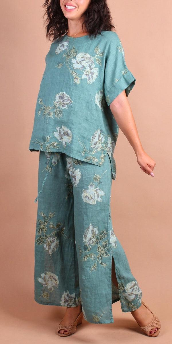 Sanremo Linen Top - Gigi Moda - Made in Italy # 100% Linen, Blouse, floral, Floral Print, gold detail, high low, Linen, Made in Italy, matching set, one size, rose print, Round Neck, short sleeve, short sleeve top, Top