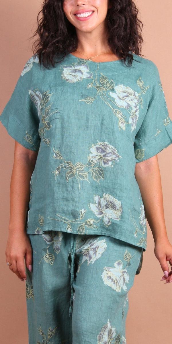 Sanremo Linen Top - Gigi Moda - Made in Italy # 100% Linen, Blouse, floral, Floral Print, gold detail, high low, Linen, Made in Italy, matching set, one size, rose print, Round Neck, short sleeve, short sleeve top, Top