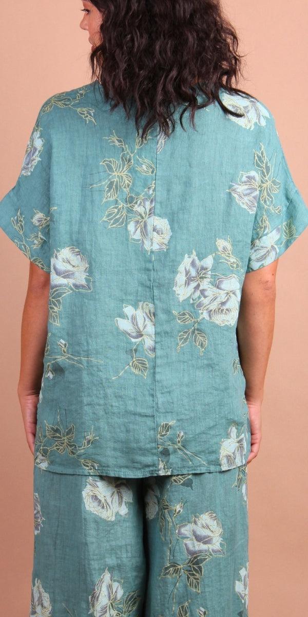 Sanremo Linen Top - Gigi Moda - Made in Italy # 100% Linen, Blouse, floral, Floral Print, gold detail, high low, Linen, Made in Italy, matching set, one size, rose print, Round Neck, short sleeve, short sleeve top, Top