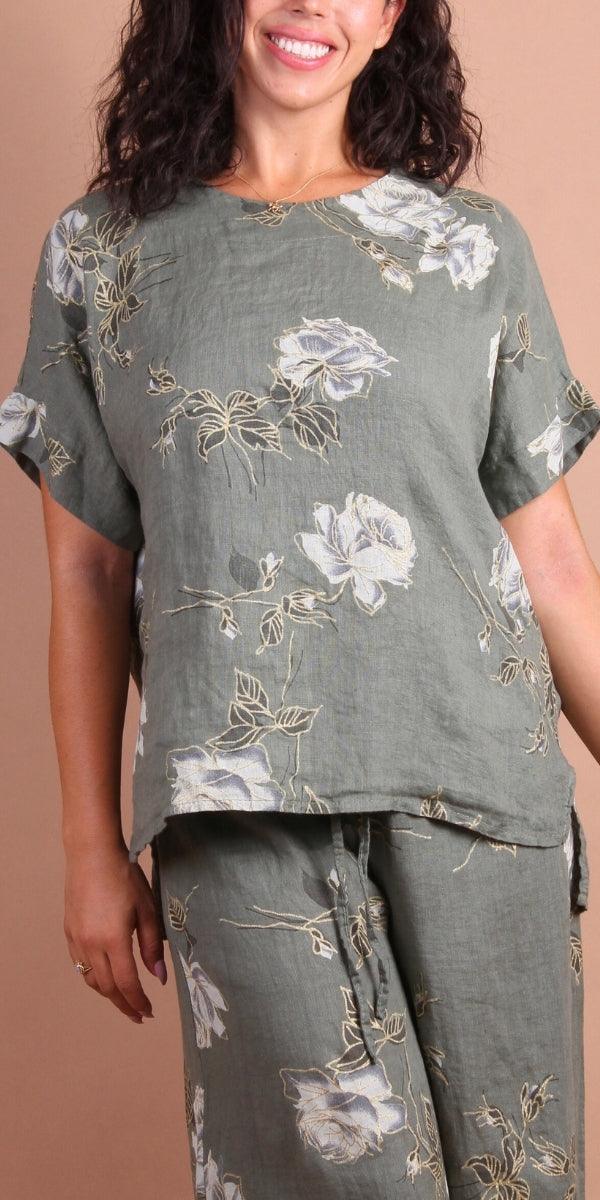 Sanremo Linen Top - Gigi Moda - Made in Italy # 100% Linen, Blouse, floral, Floral Print, gold detail, high low, Linen, Made in Italy, matching set, one size, rose print, Round Neck, short sleeve, short sleeve top, Top