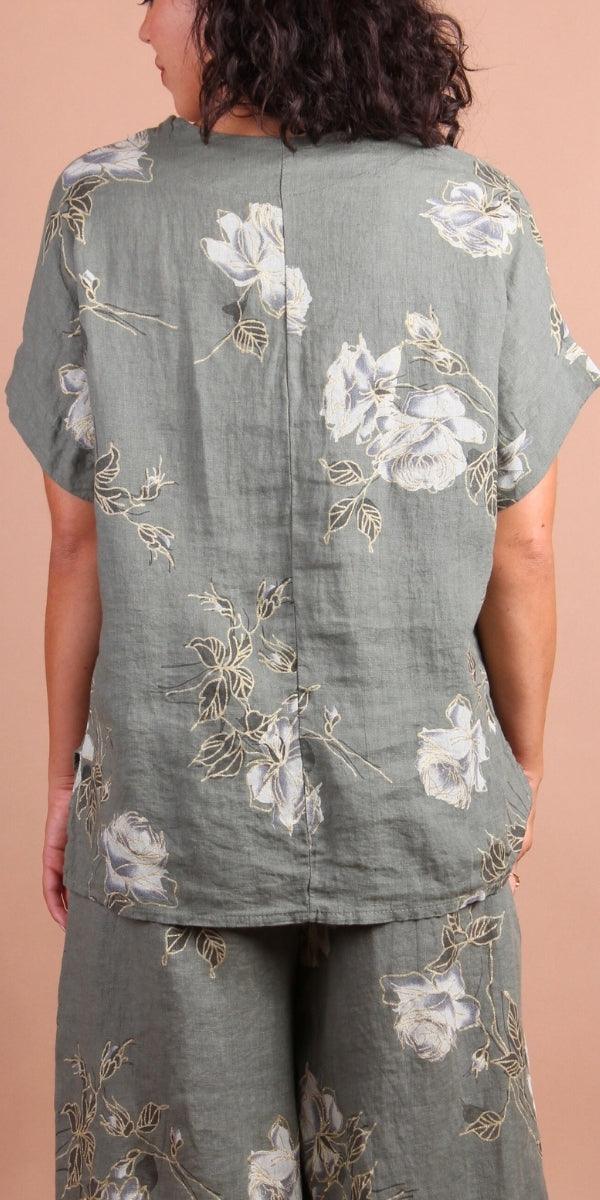 Sanremo Linen Top - Gigi Moda - Made in Italy # 100% Linen, Blouse, floral, Floral Print, gold detail, high low, Linen, Made in Italy, matching set, one size, rose print, Round Neck, short sleeve, short sleeve top, Top