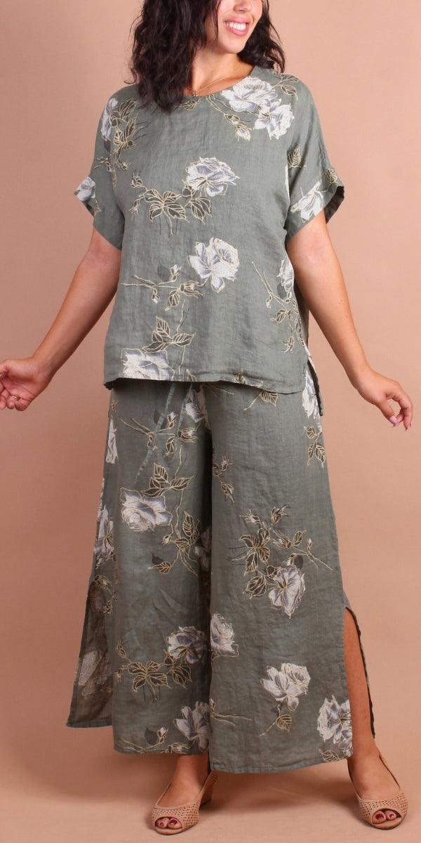 Sanremo Linen Top - Gigi Moda - Made in Italy # 100% Linen, Blouse, floral, Floral Print, gold detail, high low, Linen, Made in Italy, matching set, one size, rose print, Round Neck, short sleeve, short sleeve top, Top