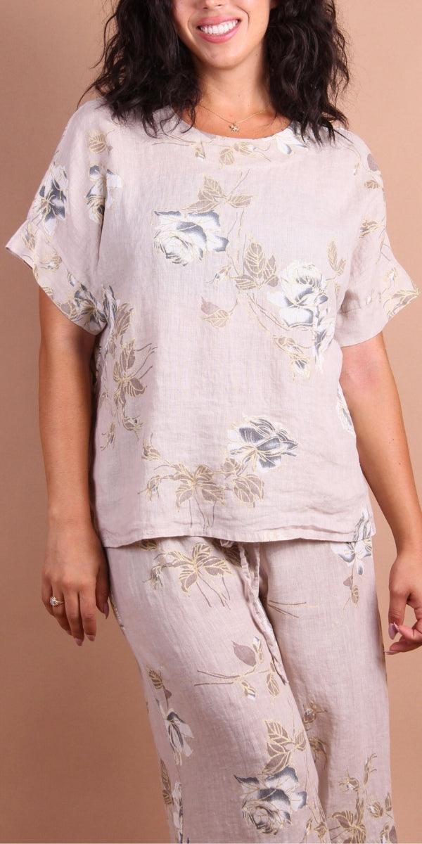 Sanremo Linen Top - Gigi Moda - Made in Italy # 100% Linen, Blouse, floral, Floral Print, gold detail, high low, Linen, Made in Italy, matching set, one size, rose print, Round Neck, short sleeve, short sleeve top, Top