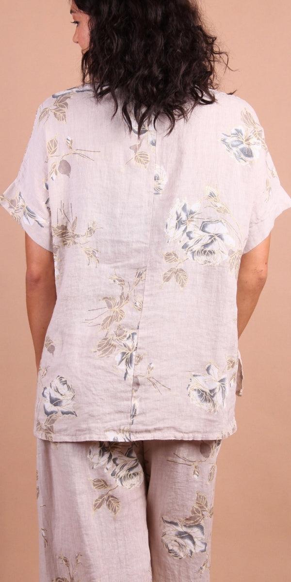 Sanremo Linen Top - Gigi Moda - Made in Italy # 100% Linen, Blouse, floral, Floral Print, gold detail, high low, Linen, Made in Italy, matching set, one size, rose print, Round Neck, short sleeve, short sleeve top, Top