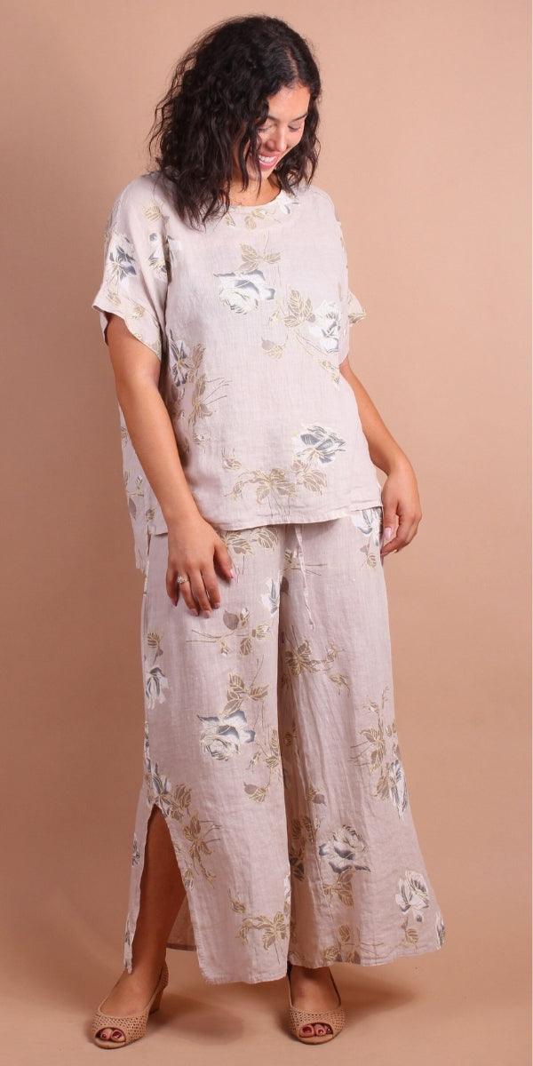 Sanremo Linen Top - Gigi Moda - Made in Italy # 100% Linen, Blouse, floral, Floral Print, gold detail, high low, Linen, Made in Italy, matching set, one size, rose print, Round Neck, short sleeve, short sleeve top, Top