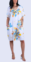 Ponza Linen Dress - Gigi Moda - Made in Italy # Dress, floral, floral design, Floral Print, free shipping, Gigi Moda, Linen, Made in Italy, one size, OS, pockets, raw edges, resort, resort wear, tropical, tropical print, V Neck