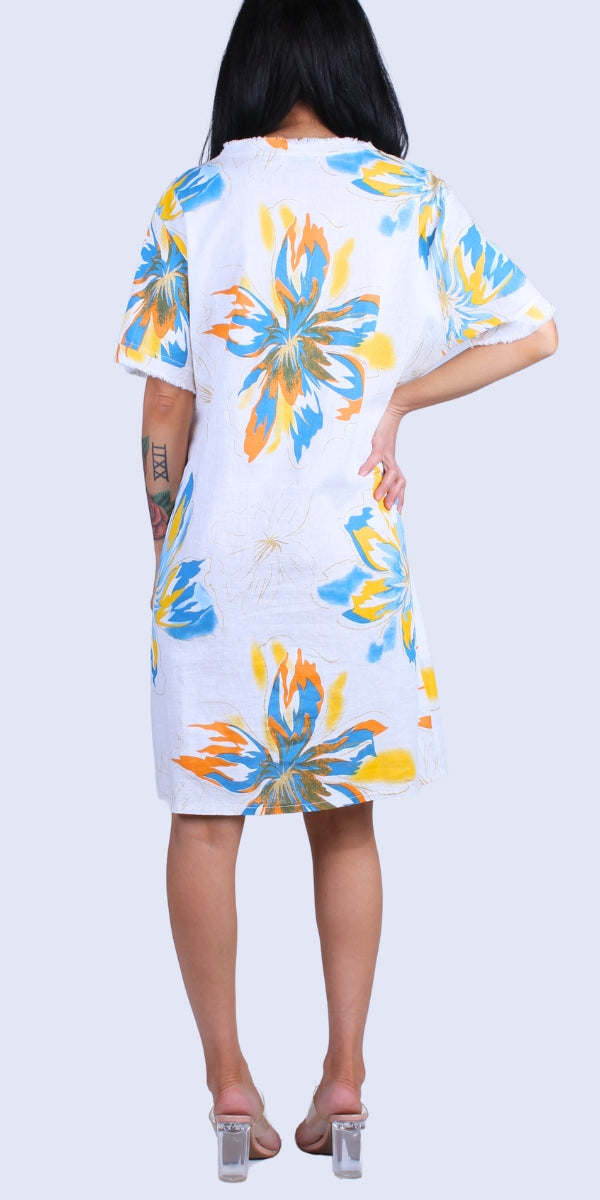 Ponza Linen Dress - Gigi Moda - Made in Italy # Dress, floral, floral design, Floral Print, free shipping, Gigi Moda, Linen, Made in Italy, one size, OS, pockets, raw edges, resort, resort wear, tropical, tropical print, V Neck