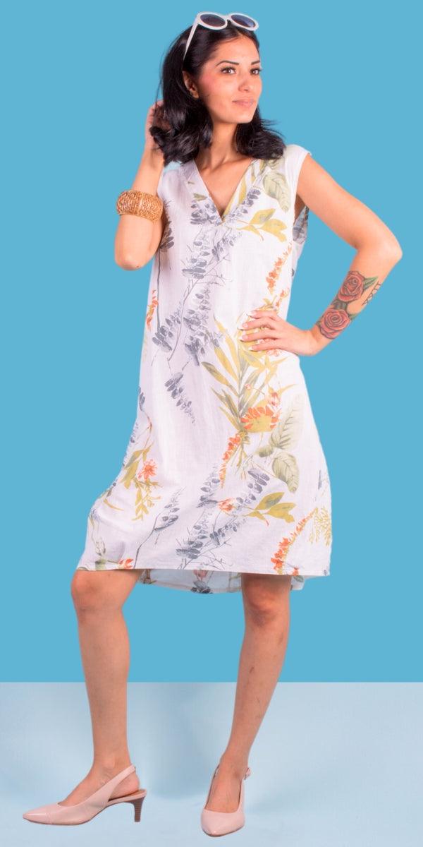 Ninfa Linen Dress - Gigi Moda - Made in Italy # Dress, floral, floral design, Floral Print, free shipping, Gigi Moda, Linen, Made in Italy, one size, OS, pockets, resort, resort wear, Sleeveless, V Neck