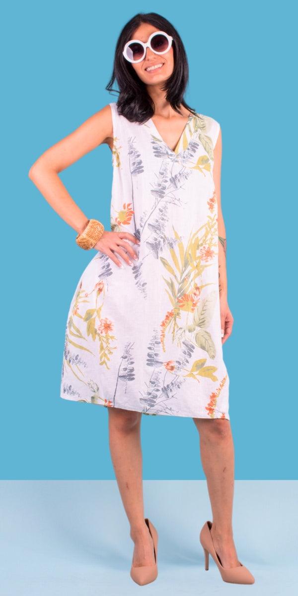 Ninfa Linen Dress - Gigi Moda - Made in Italy # Dress, floral, floral design, Floral Print, free shipping, Gigi Moda, Linen, Made in Italy, one size, OS, pockets, resort, resort wear, Sleeveless, V Neck