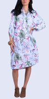 Botanica Linen Dress - Gigi Moda - Made in Italy # Dress, floral, floral design, Floral Print, free shipping, Gigi Moda, henley, Linen, Made in Italy, one size, OS, pockets, resort, resort wear, Rolled Sleeves, Ruffle, ruffles